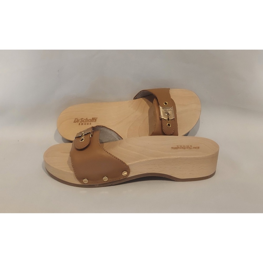 Dr. Scholl's Tan Slide Sandals with Gold Buckle